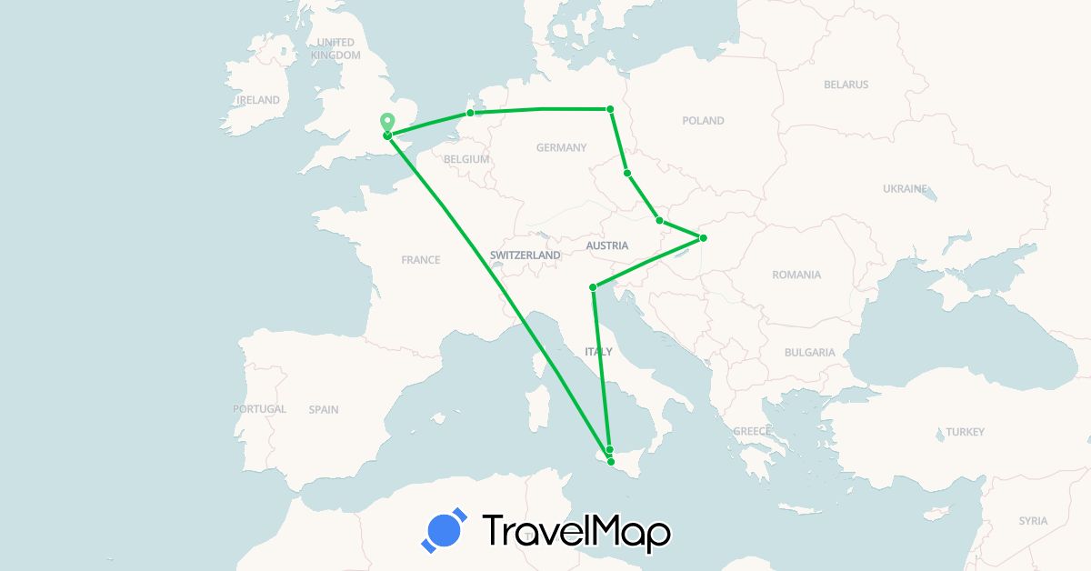 TravelMap itinerary: driving, bus in Austria, Czech Republic, Germany, United Kingdom, Hungary, Italy, Netherlands (Europe)